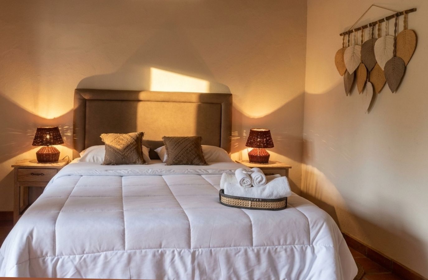 Room with upholstered headboard