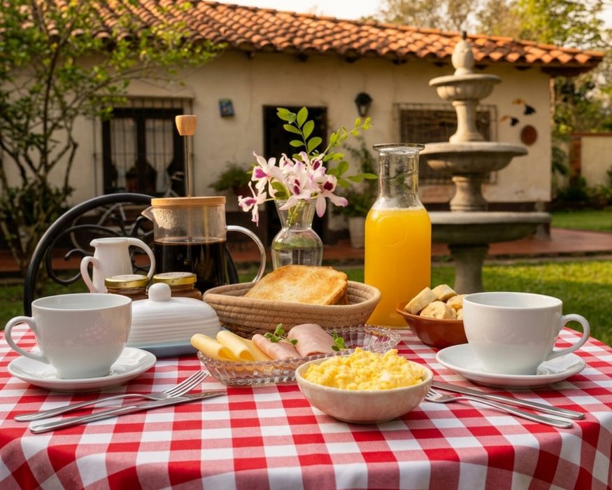 Breakfast served in the garden, with homemade jams