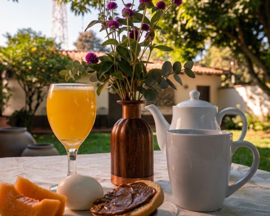 Outdoor breakfast with flowers from the garden