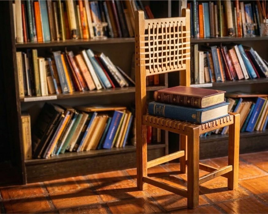 Handmade chair with books in the hotel library