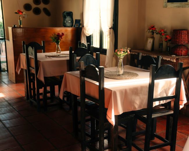 Dining tables set for service