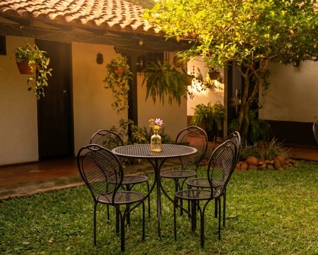 Patio with tables at sunset
