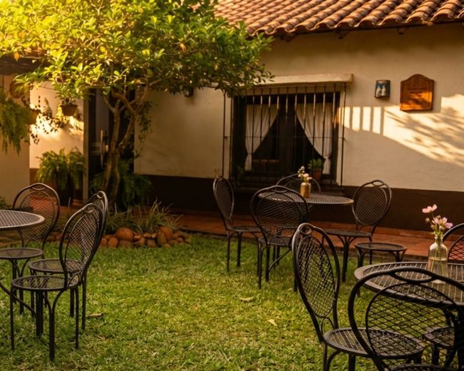 Patio with tables, another view at sunset